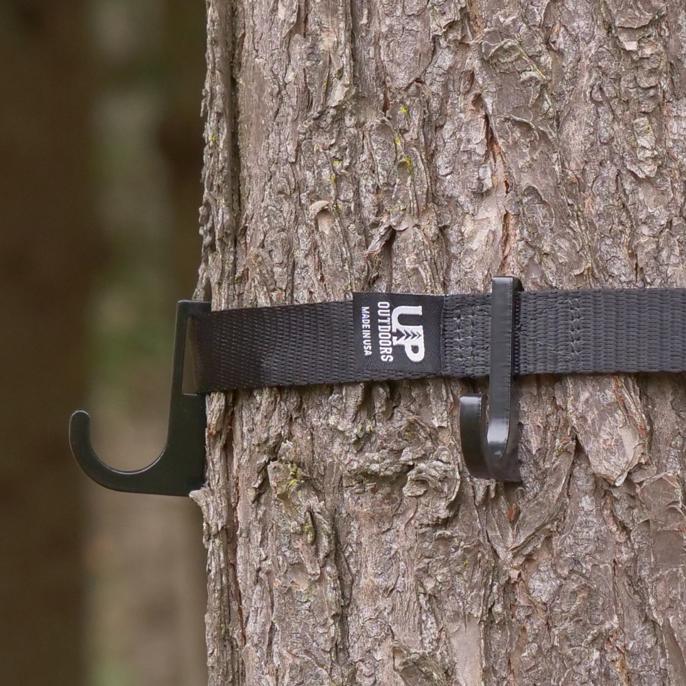 Top Shelf Hooks secured to a tree with a 1" cam buck strap