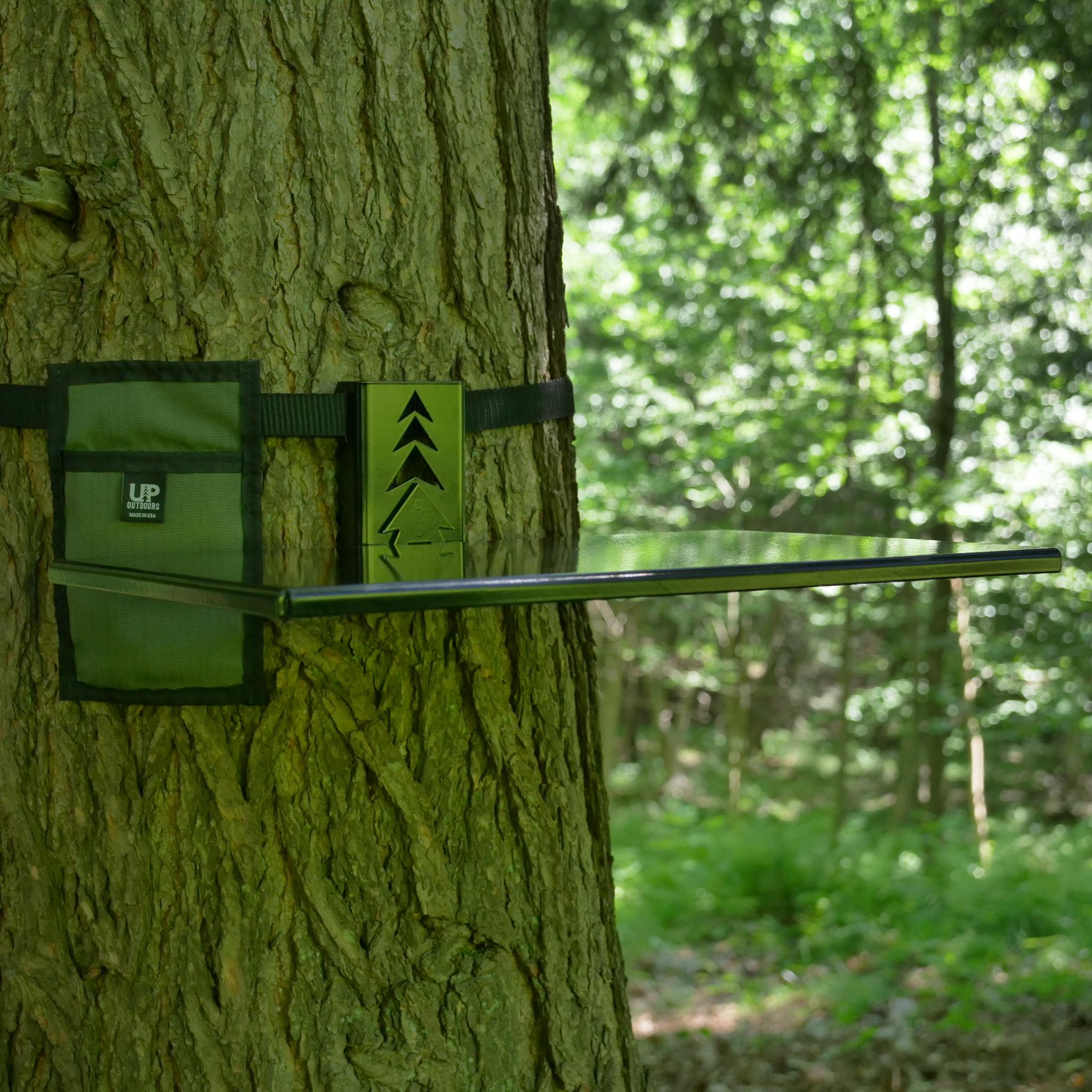 Top Shelf outdoor and camping table mounted to a tree.