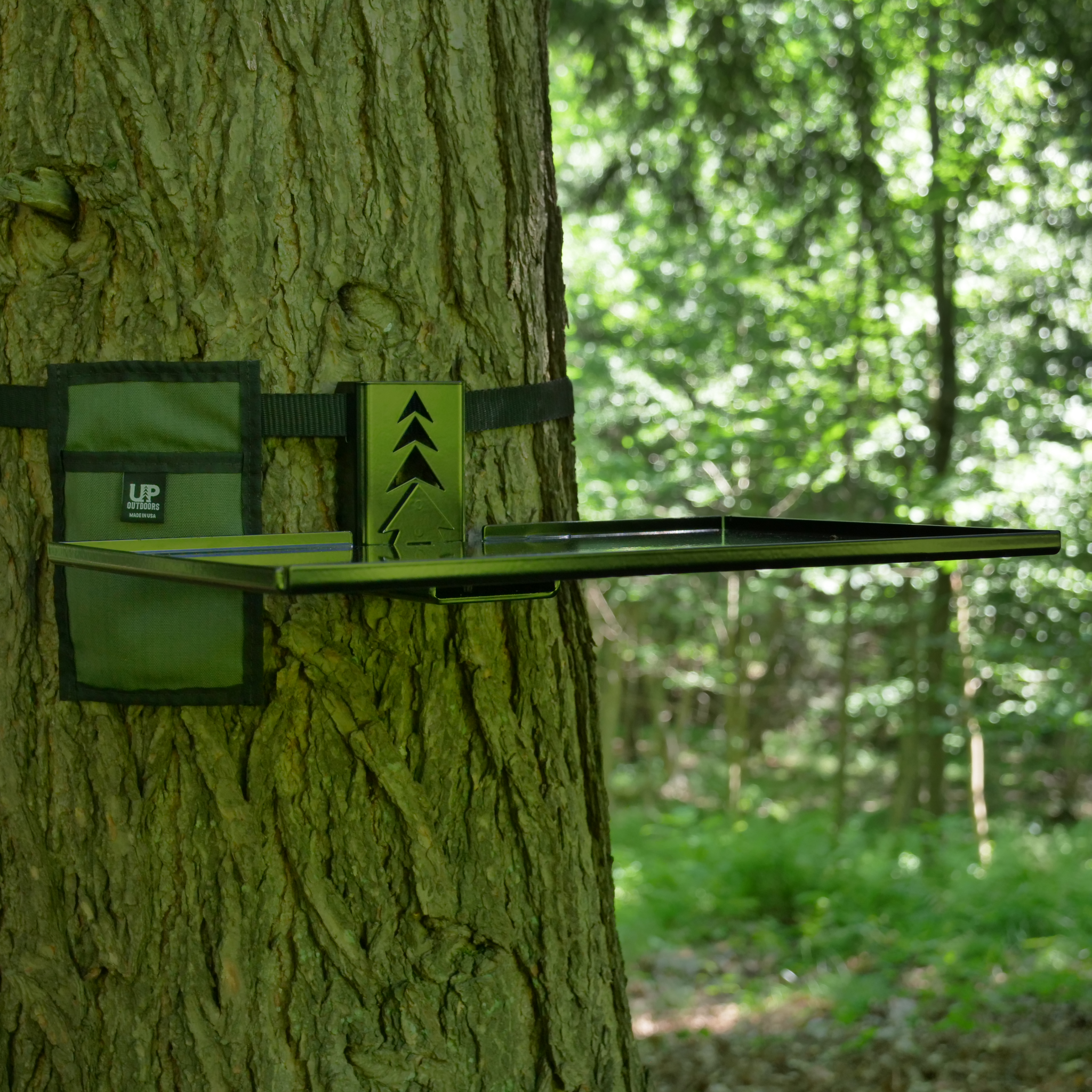 Top Shelf outdoor and camping table mounted to a tree.